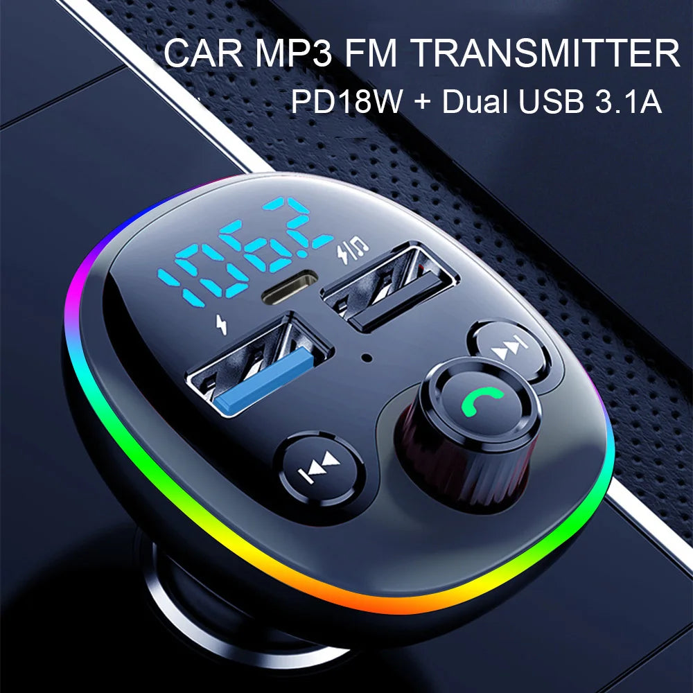 PD 18W FM Transmitter Wireless Bluetooth 5.0 Handsfree Car Kit Dual USB Fast Charger Radio Modulator MP3 Player Support TF card